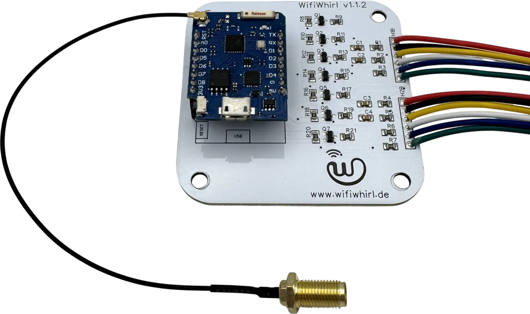 WifiWhirl Platine mit D1 Mini Pro und angeschlossenem Antennenkabel