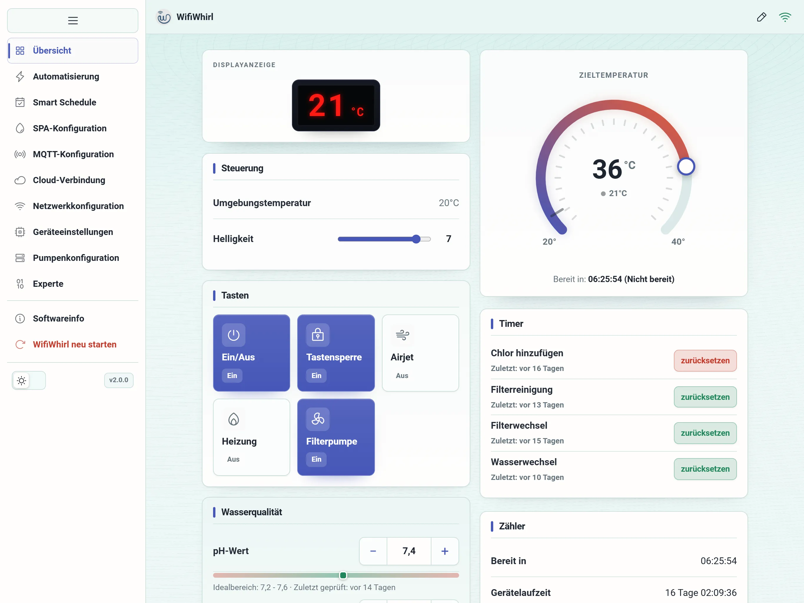 WifiWhirl 2.0.0 Dashboard der neuen Web-App